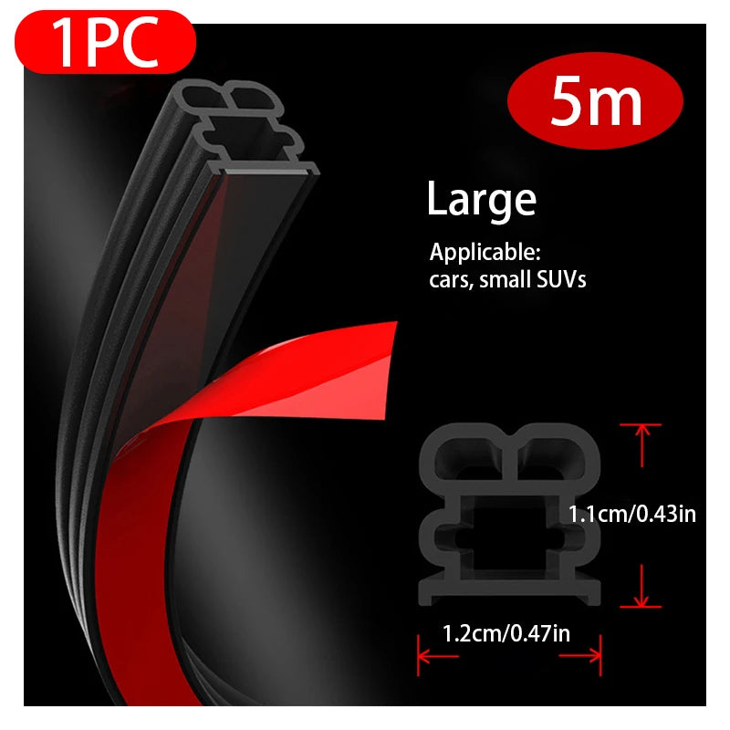 Car window seal strip packaging with dimensions and applicability details on a black background