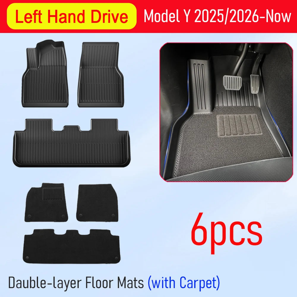 Set of black double-layer floor mats with carpet for a vehicle, labeled as 'Left Hand Drive Model Y 2025/2026 Now' and '6pcs'.