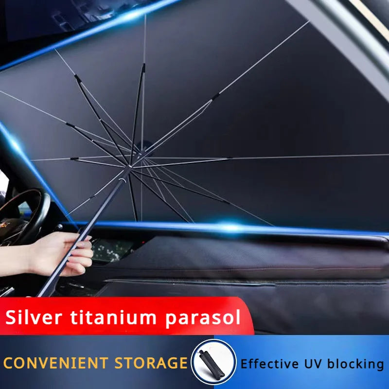 Person holding a silver titanium parasol inside a car with text highlighting features.