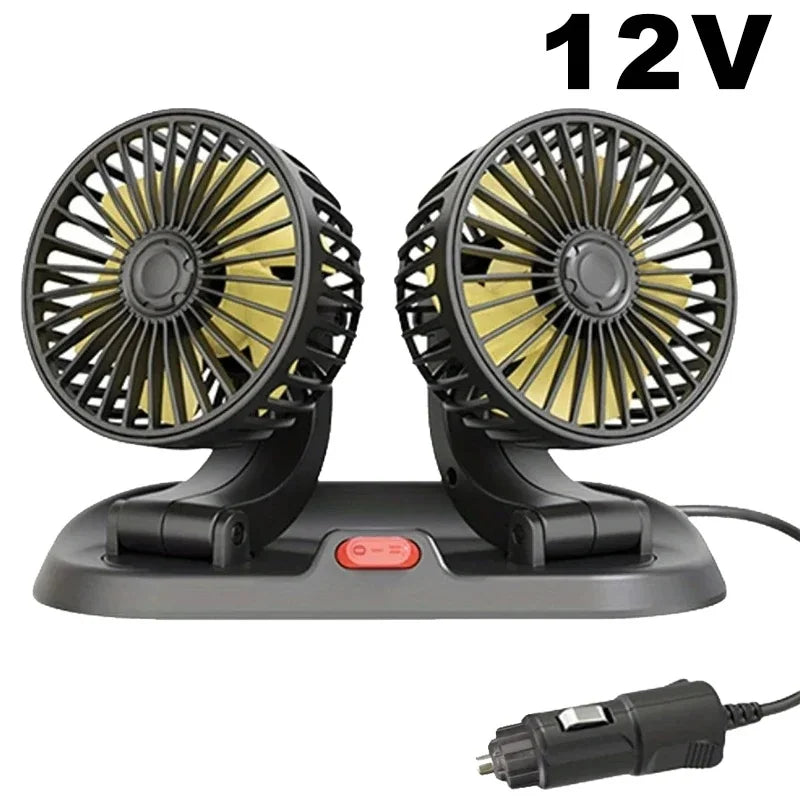 12V dual car fan with visible power cord on a white background
