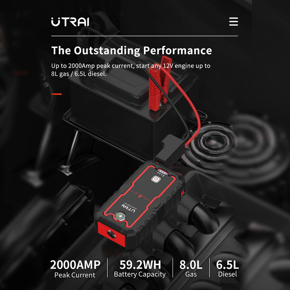 UTRAI jump starter device on a car battery with specifications displayed.