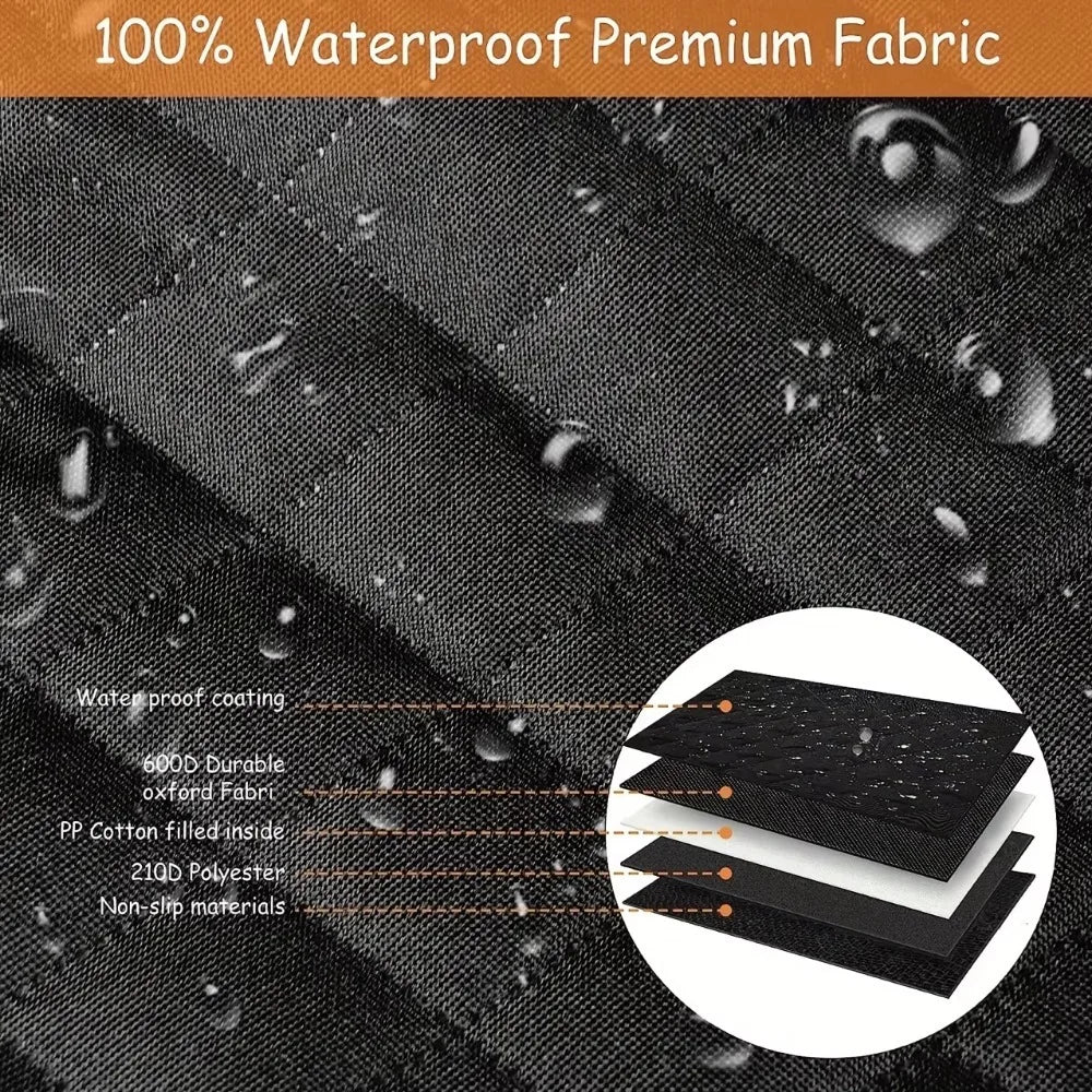 Black fabric with waterproof coating and detailed layers shown.