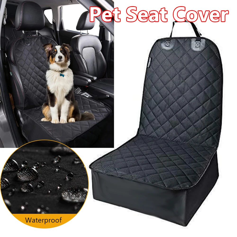 Pet seat cover with a dog on a car seat, showing the cover's waterproof feature.