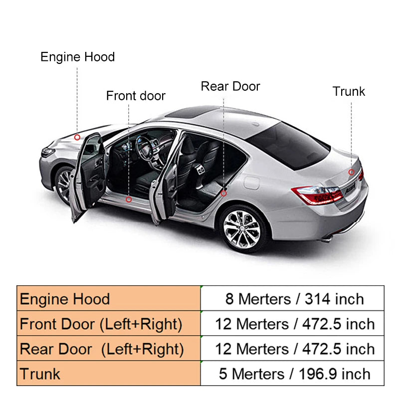 Car with open doors and windows, showing dimensions of different car parts.