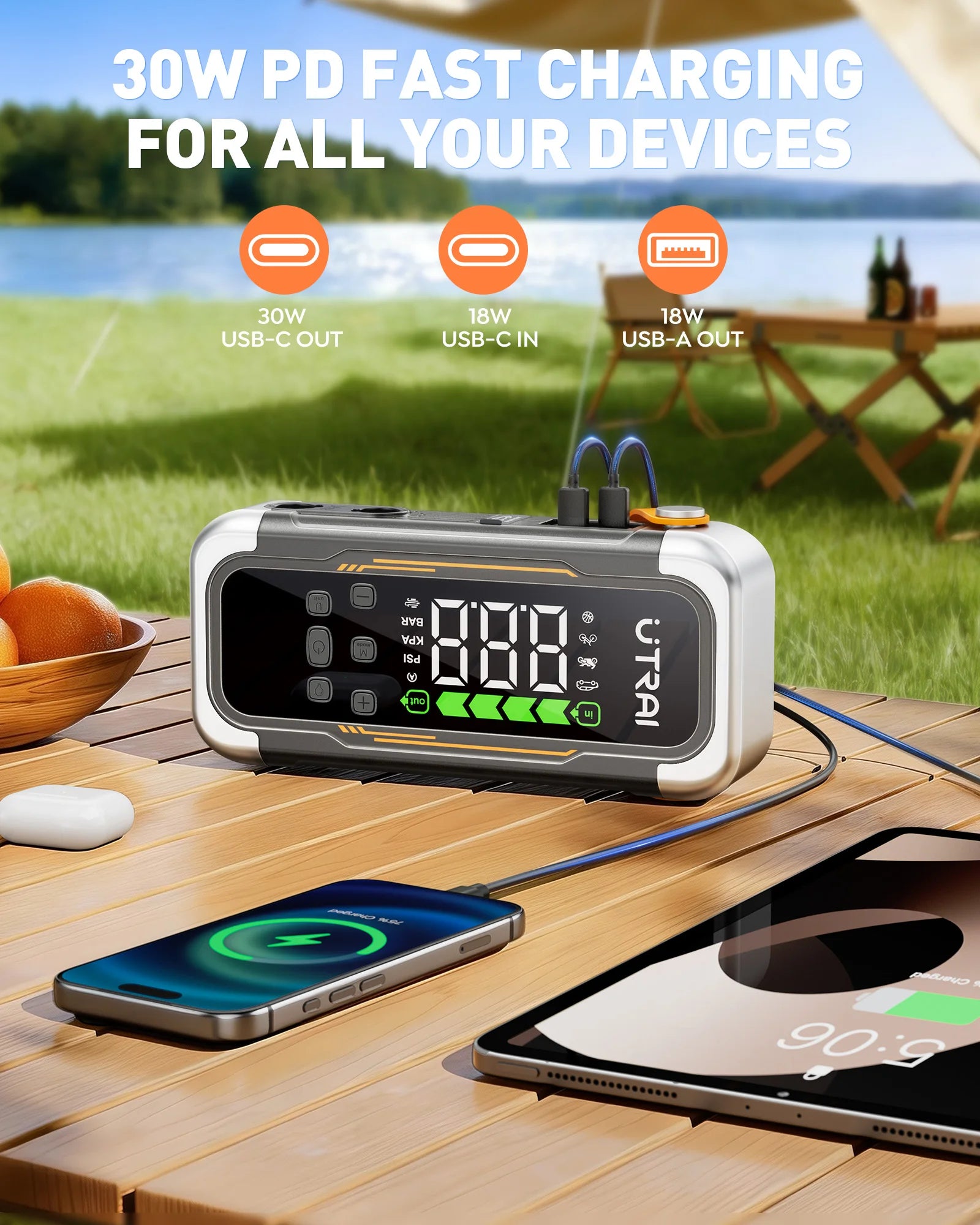 Power bank with charging capabilities displayed outdoors on a wooden table.