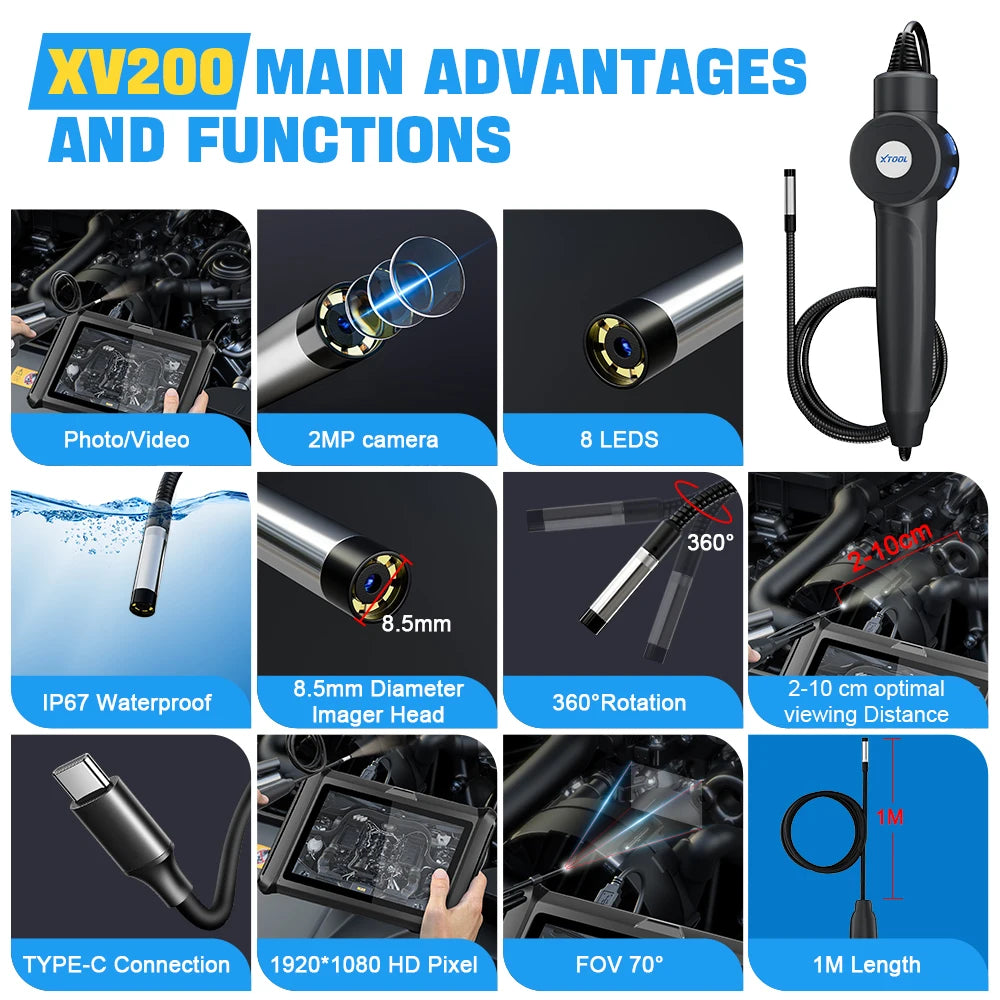 XTOOL XV200 HD Endoscope Camera with 8.5mm Lens & 8 Adjustable LEDs