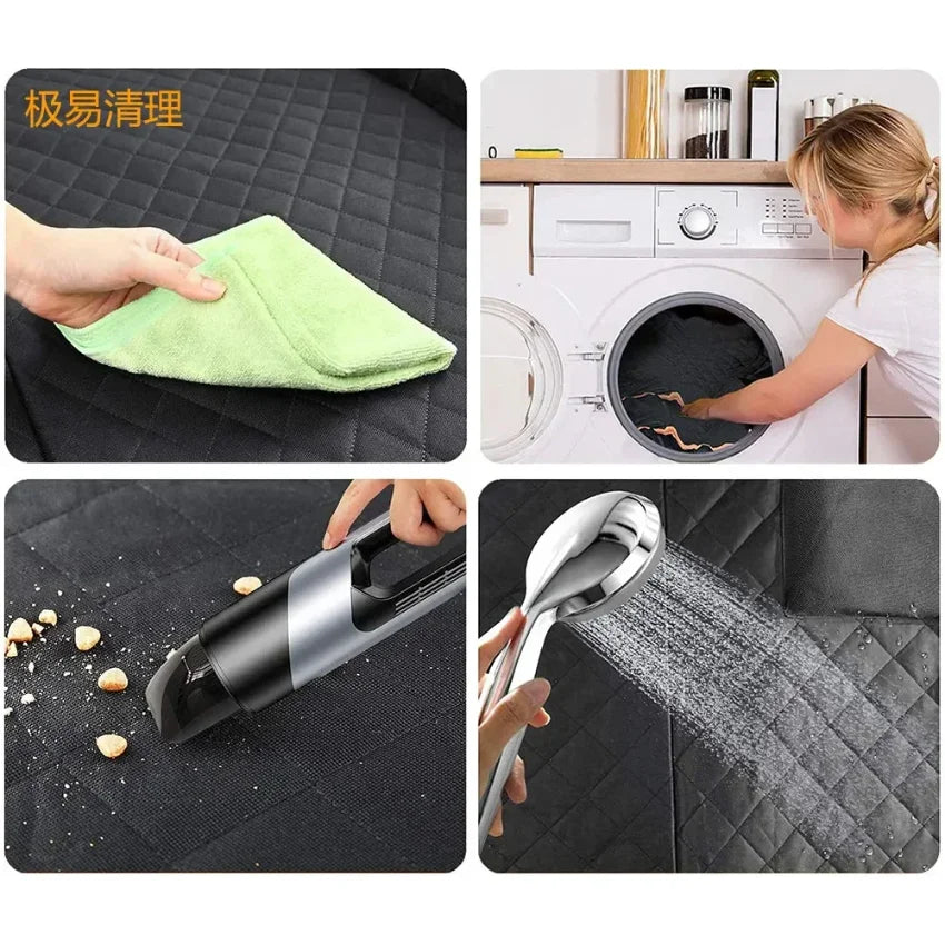 Collage of a green microfiber cloth, washing machine, vacuum cleaner, and shower head on a black quilted surface.