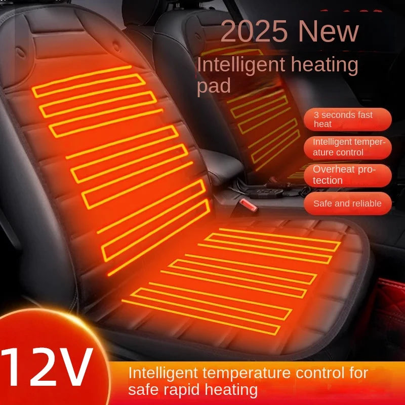 Car seat heating pad with glowing orange heating elements, labeled '2025 New Intelligent heating pad' and '12V'.
