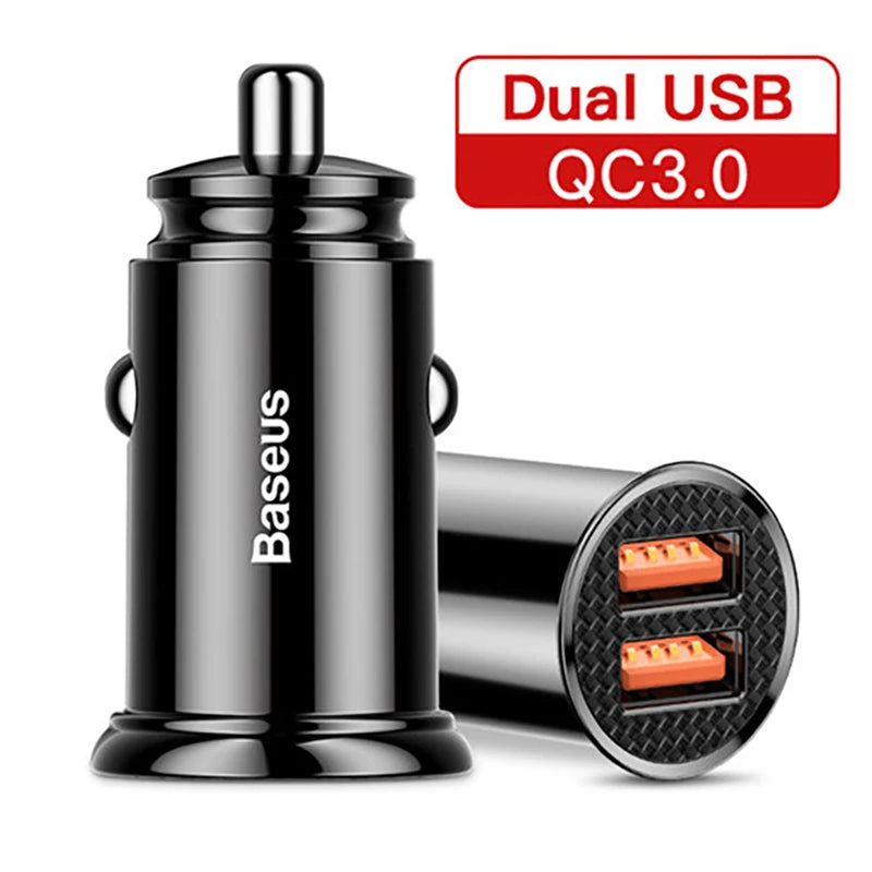 Black car charger with dual USB ports and QC3.0 technology, featuring the Baseus brand.