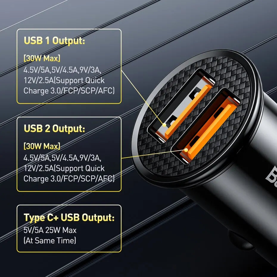 Car charger with USB ports and Type C output on a dark background