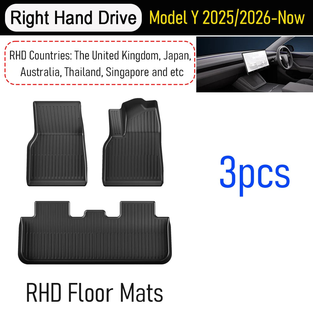 Set of three black car floor mats with text indicating model compatibility and countries.