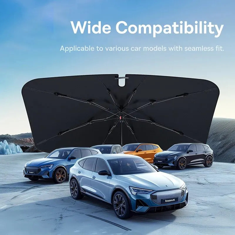 Large black umbrella with cars in the background and text about compatibility.
