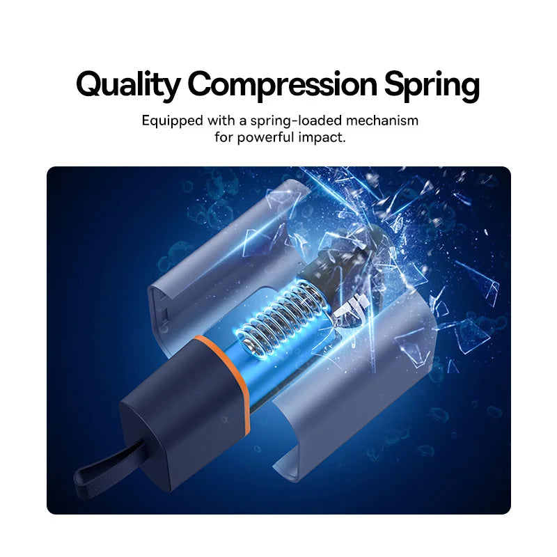 Compression spring with a spring-loaded mechanism on a blue background, featuring text about its power.