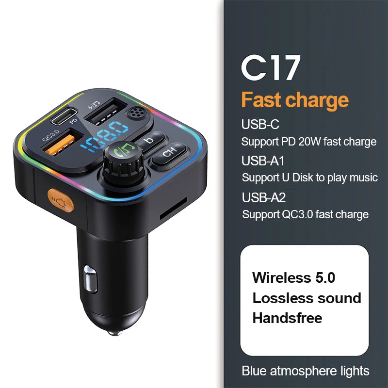 Bluetooth 5.0 FM Transmitter Car Charger with 22.5W Fast Charging
