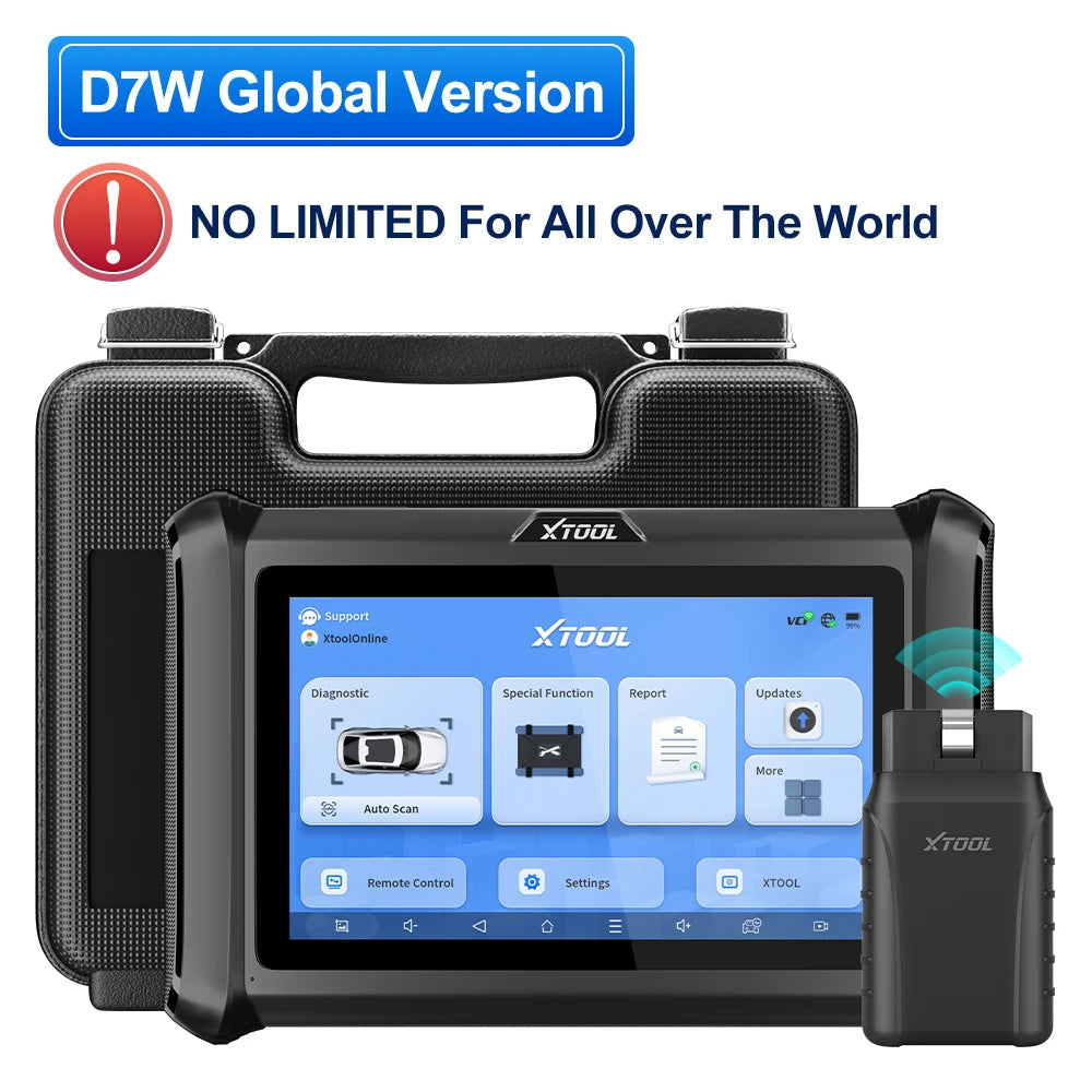 XTOOL diagnostic tool with screen displaying functions, surrounded by promotional text and branding.