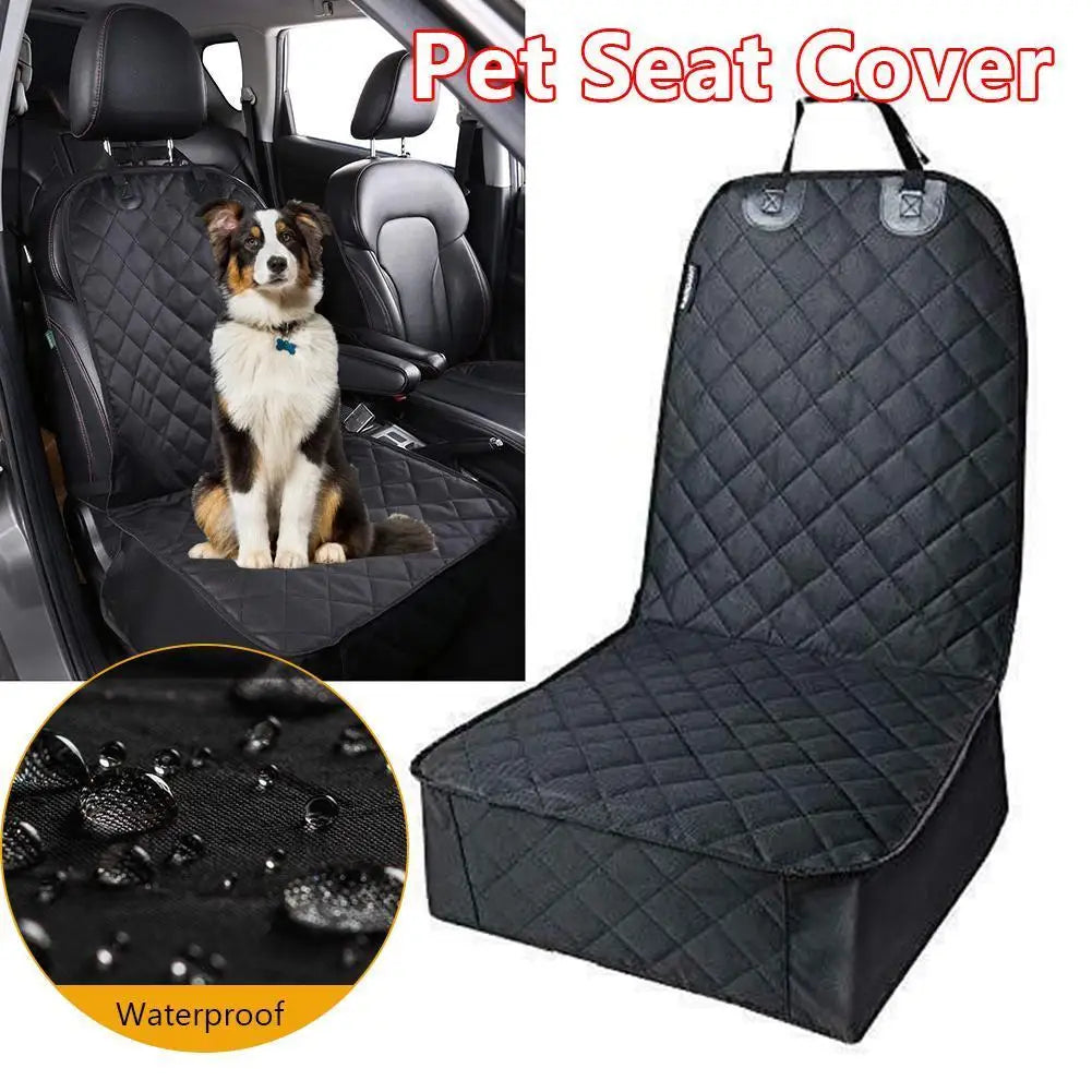 Pet seat cover with a dog on a car seat, showing the cover's waterproof feature.