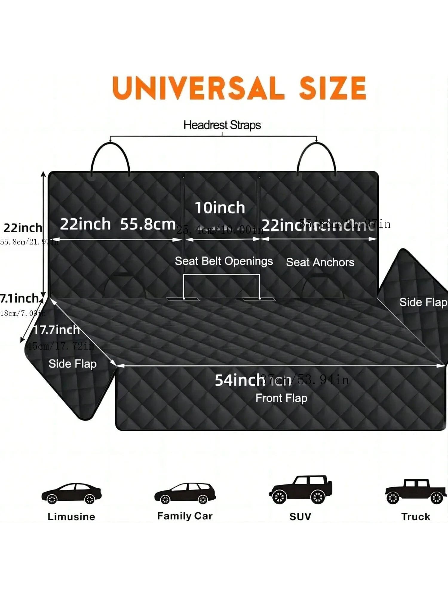 Measurement chart of a black car seat cover with dimensions and features labeled.
