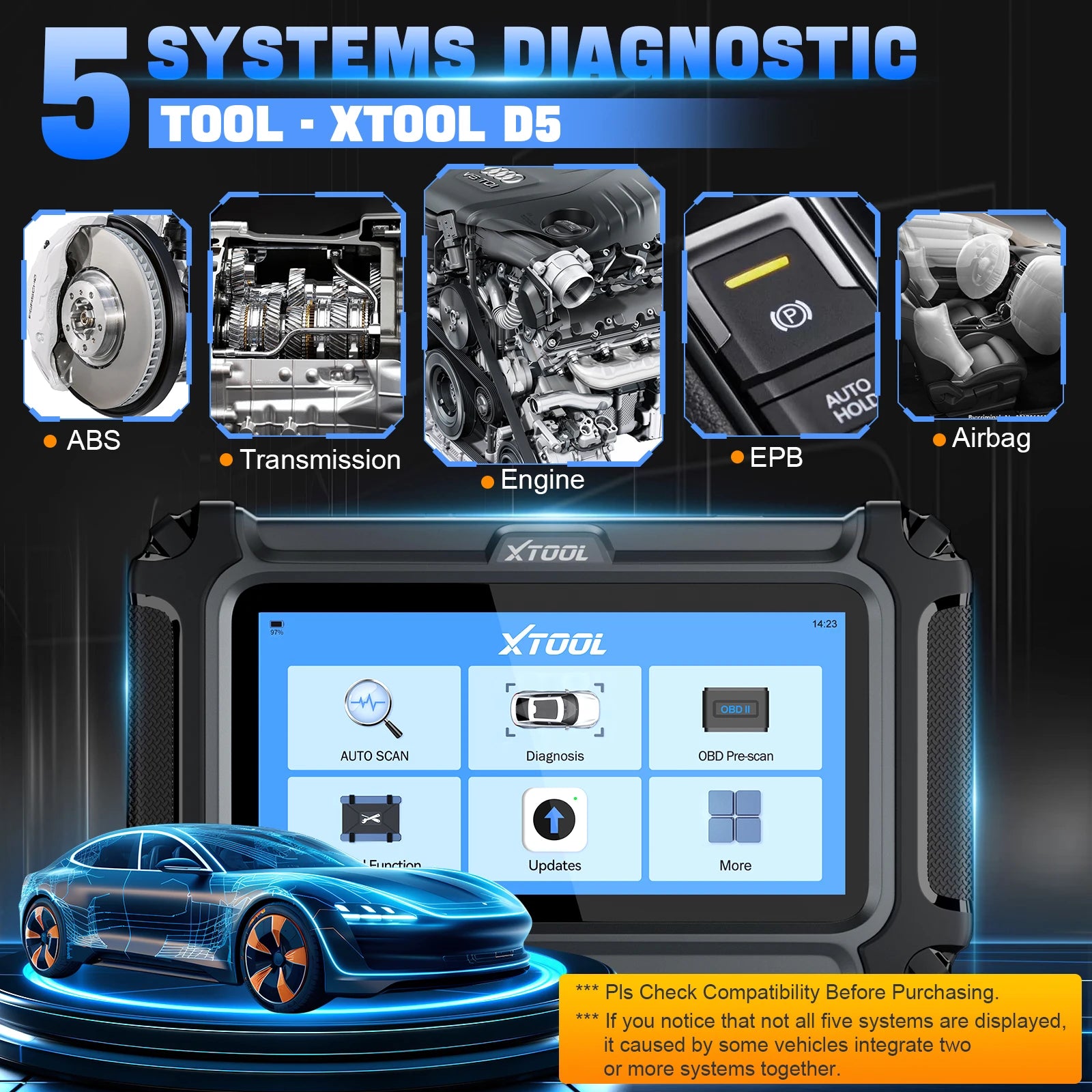 XTOOL D5 OBD2 Diagnostic Scanner with 10 Reset Services & 5-System Diagnostics