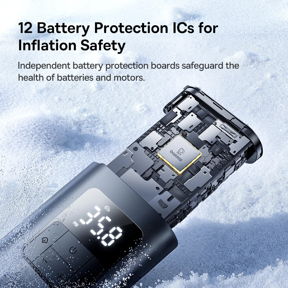 Inflatable device with electronic components and digital display on a snowy background