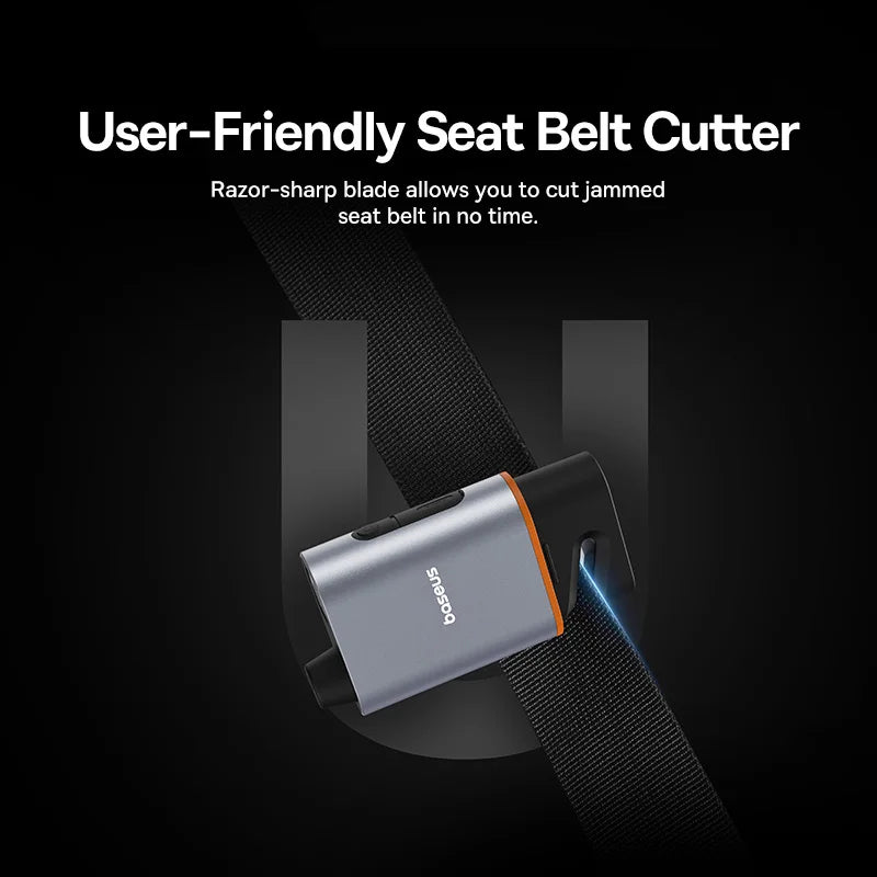 Seat belt cutter with text on a black background