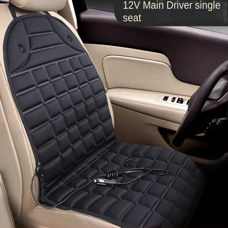 Black car seat cover with heating function on a beige car interior.