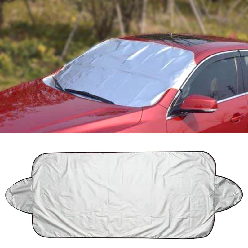 Car with a windshield cover and a close-up of the cover on a white background