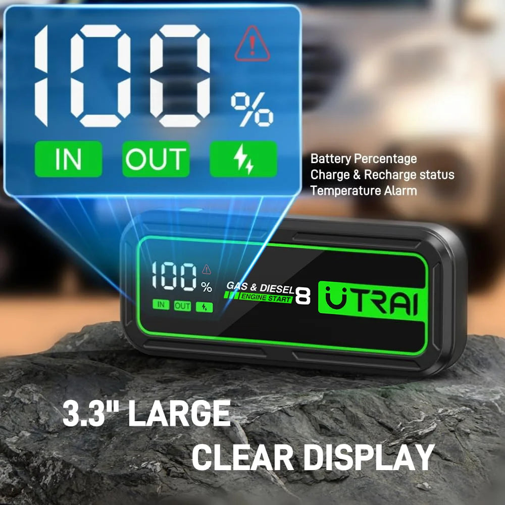 Car dashboard display with battery percentage, charge status, and temperature alarm on a rock surface.
