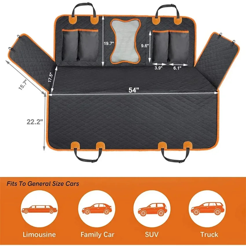 Car seat cover with dimensions and compatibility information on an orange background