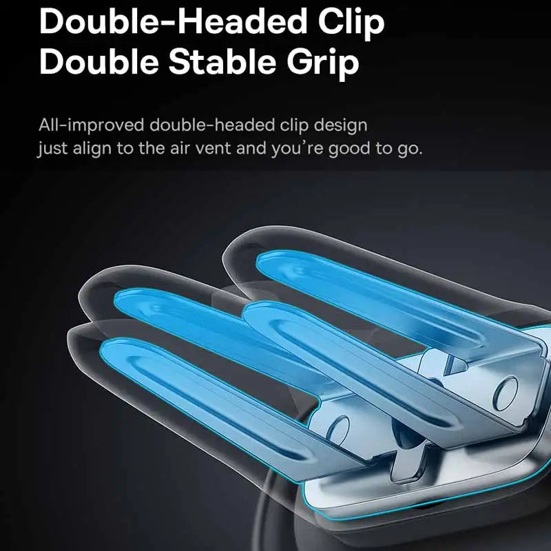 Double-headed clip with blue interior on a black background, text about double-stable grip.