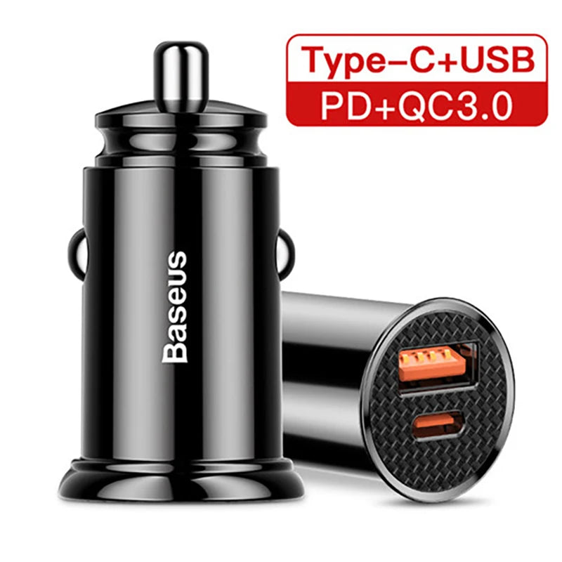 Black car charger with USB and Type-C ports, featuring Baseus branding.