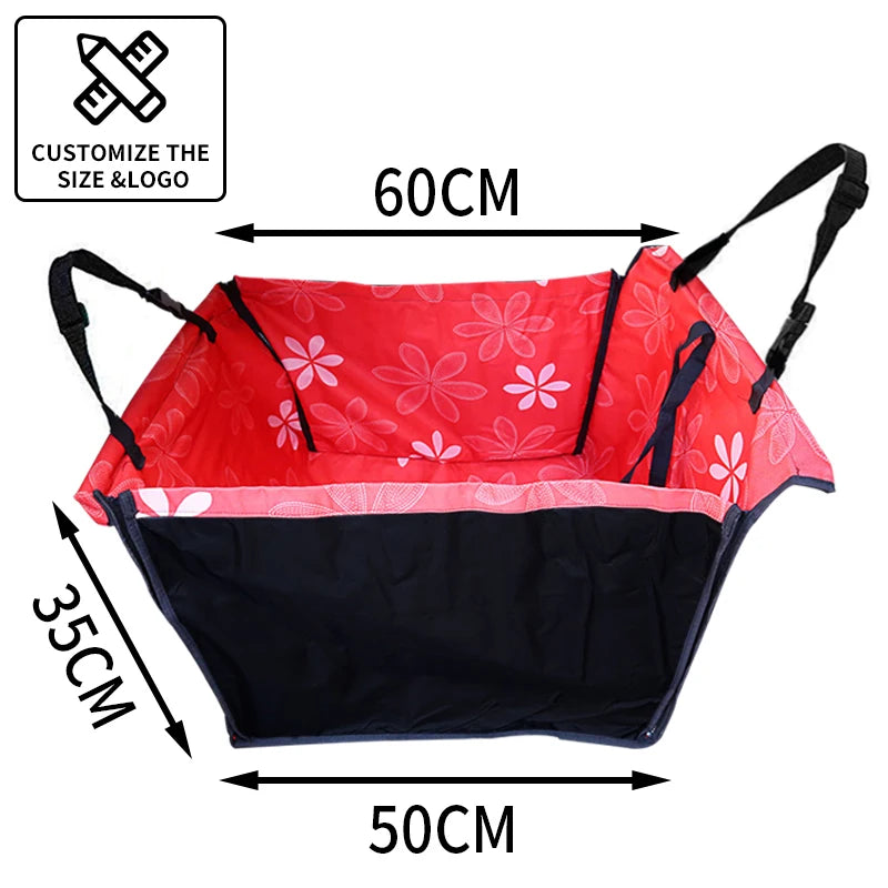 Red and black pet seat cover with floral pattern, shown with measurements on a white background.