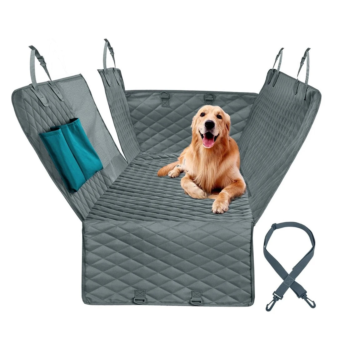 Dog sitting on a gray car seat cover with a strap on a white background