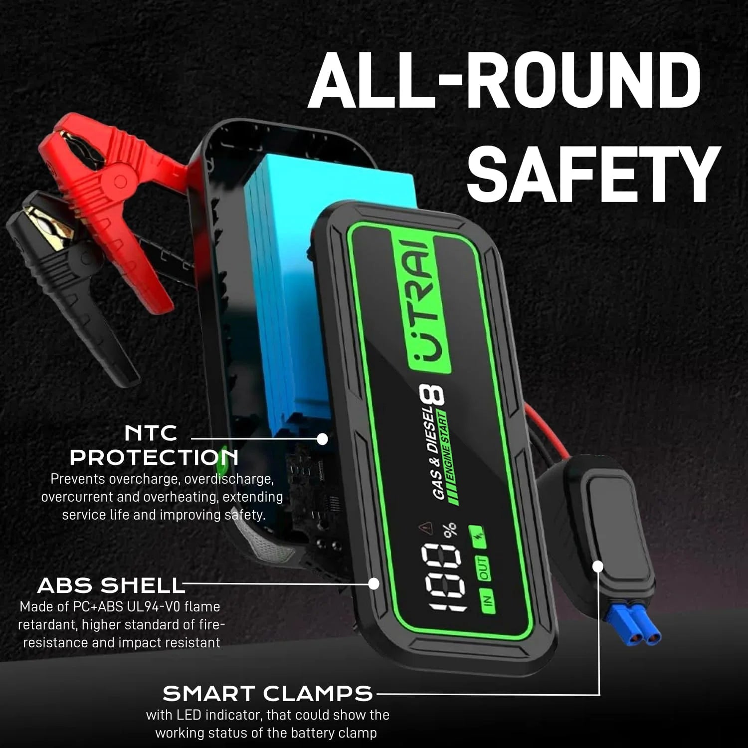 UTRAI battery jump starter with digital display and clamps on a black background