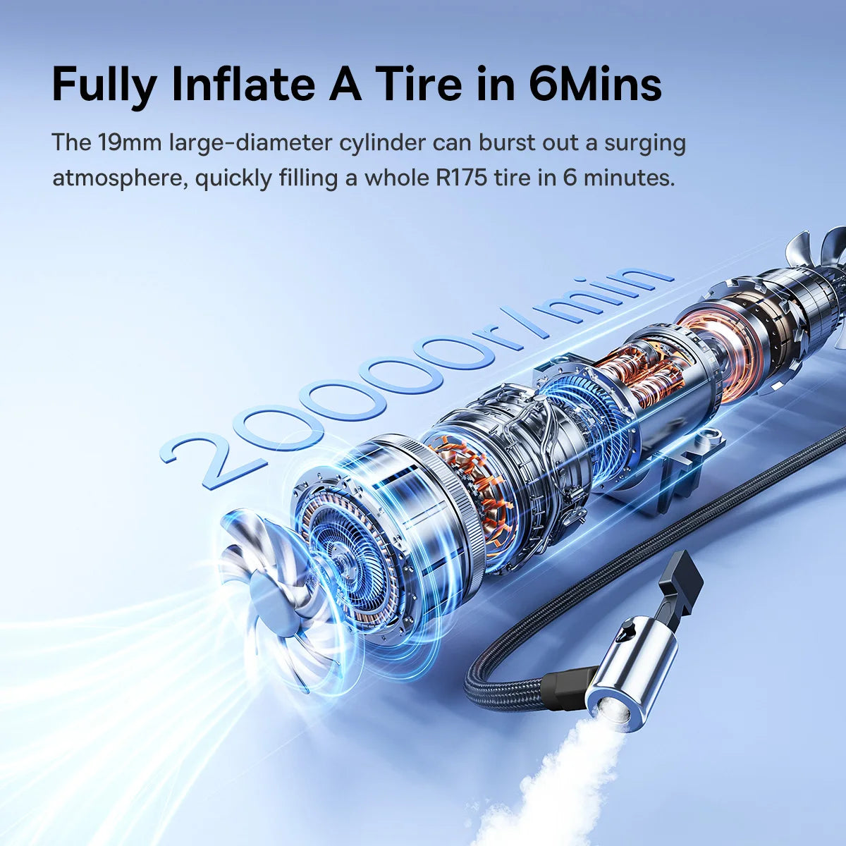 Tire inflator with text on a blue background