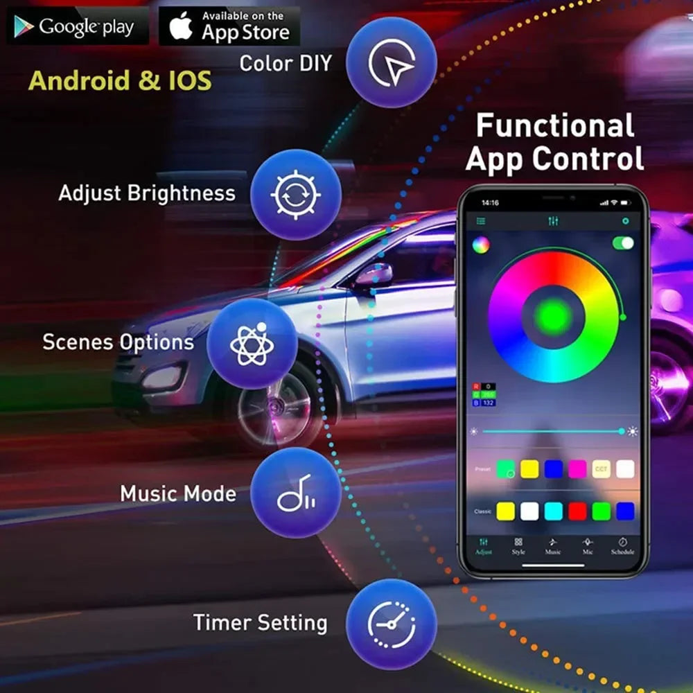 Smart RGB Interior Ambient Lighting Kit with App Control