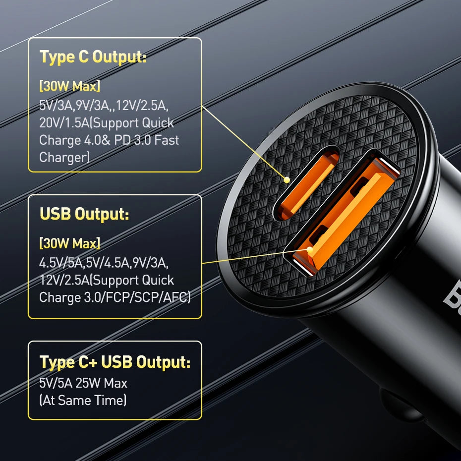 Close-up of a charging adapter with USB-C and USB outputs on a dark background