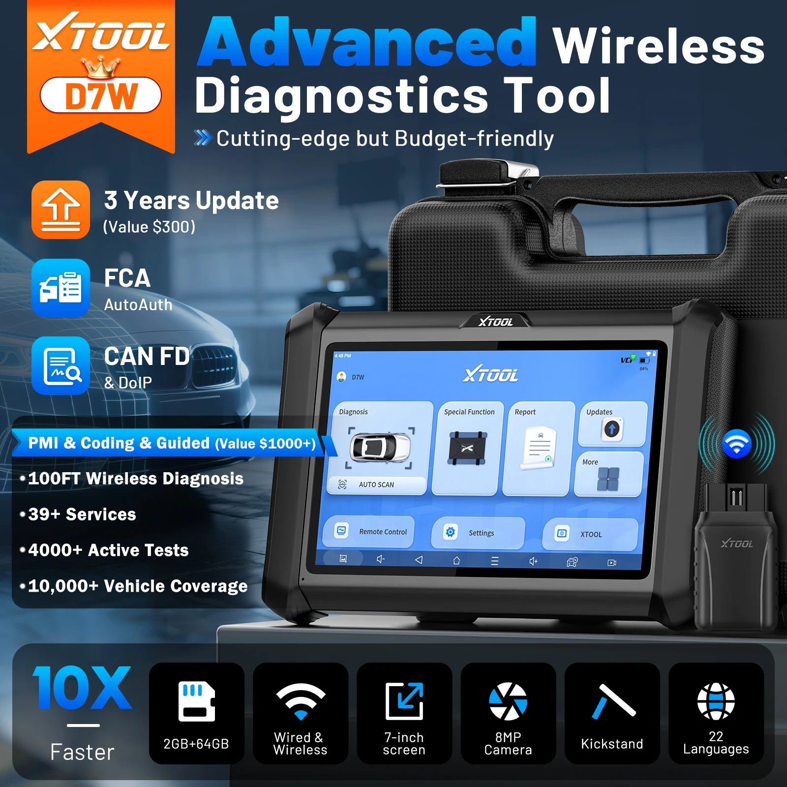 XTOOL D7W Wireless Bidirectional OBD2 Scanner with ECU Coding & 39+ Reset Services