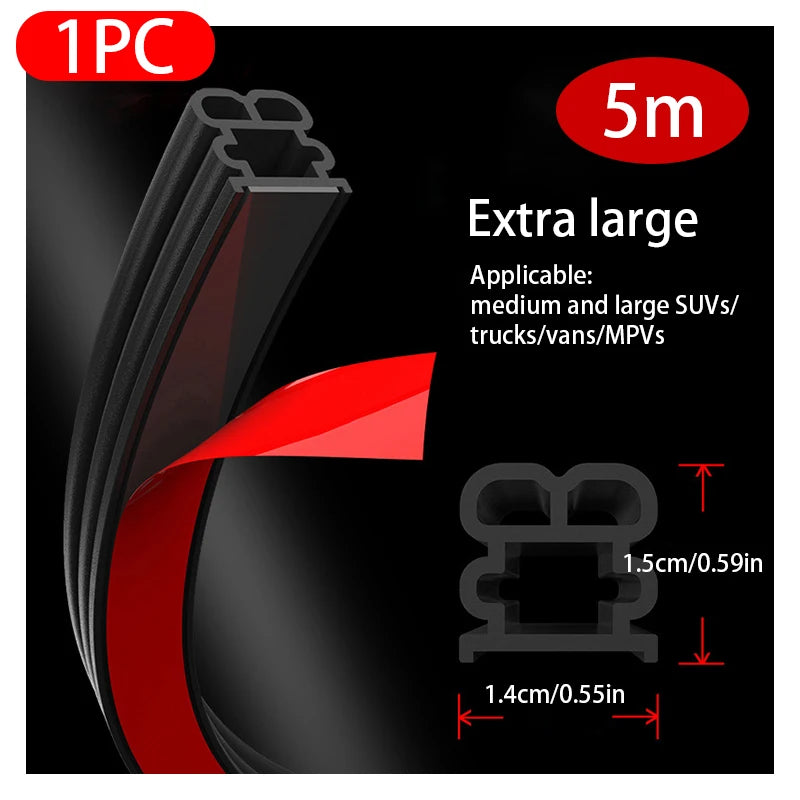 Car window seal strip packaging with dimensions and application details on a black background