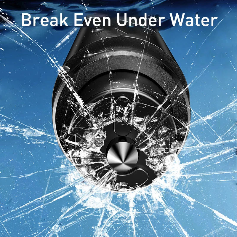 Underwater camera with water splashes and text 'Break Even Under Water' on a blue background