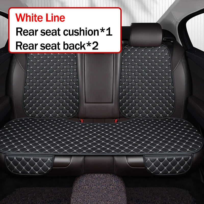 Car seat cover with quilted design on a car seat, showing text indicating parts included.