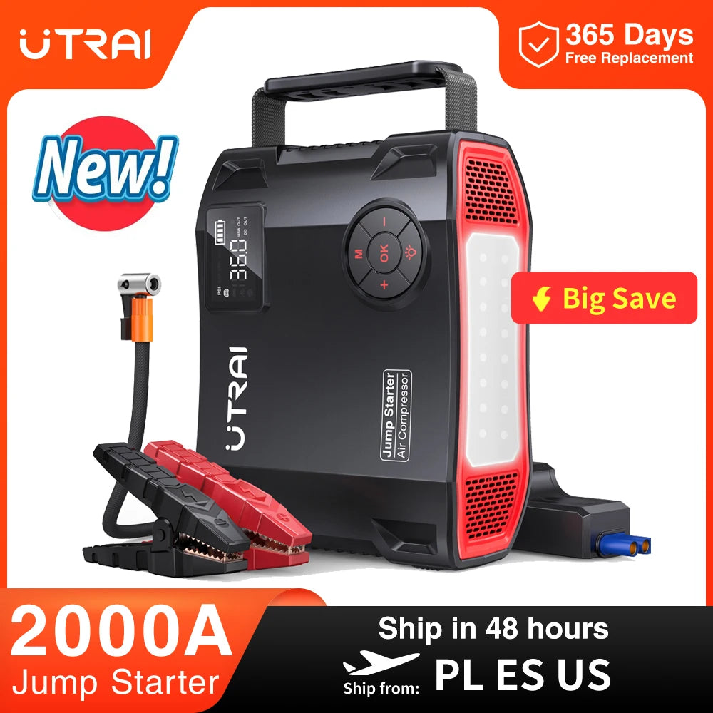 UTRAI jump starter with air compressor on a white background