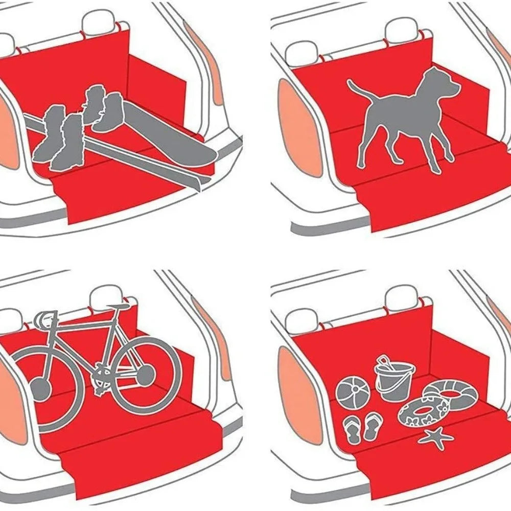 Car seat cover with various items on a white background