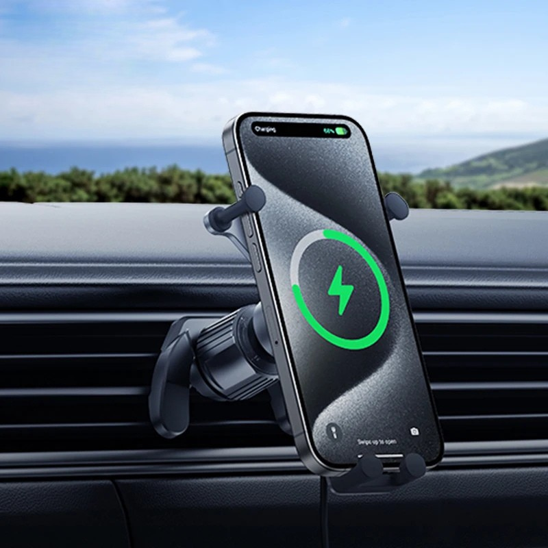 Wireless phone charger in a car with a scenic background